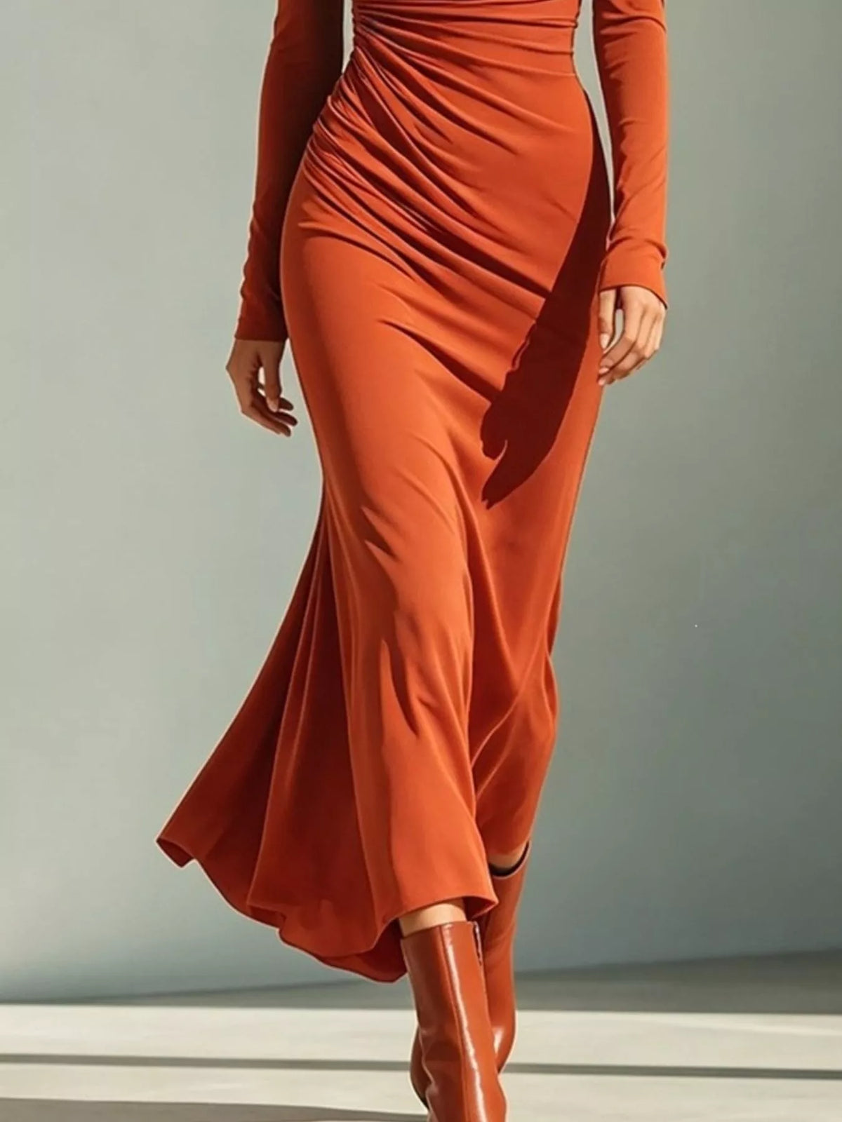 Asymmetrical Neck Ruched Long-Sleeve Dress