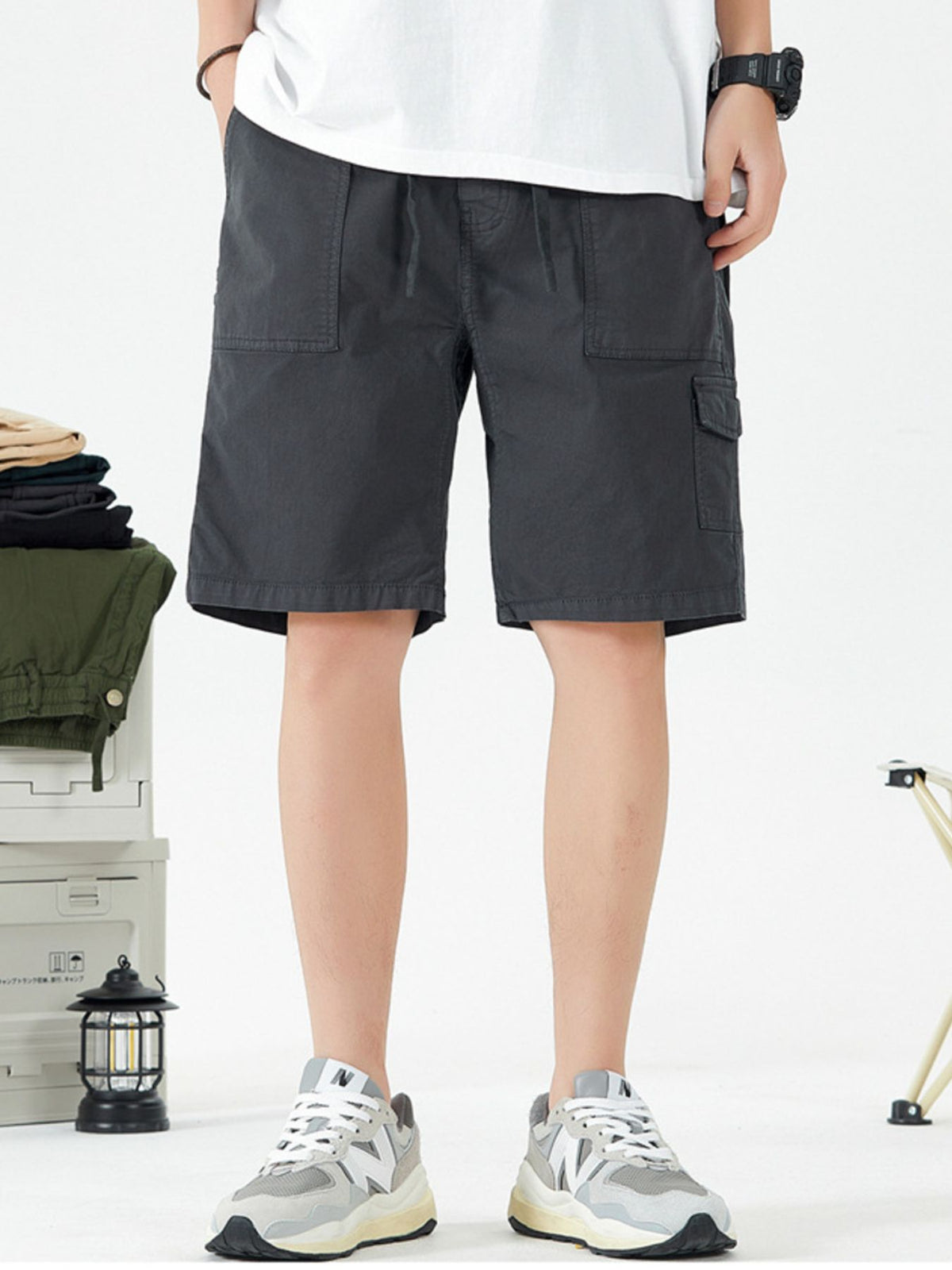 Men's Full Size Casual Cargo Shorts with Drawstring Plus Size in Dark Gray
