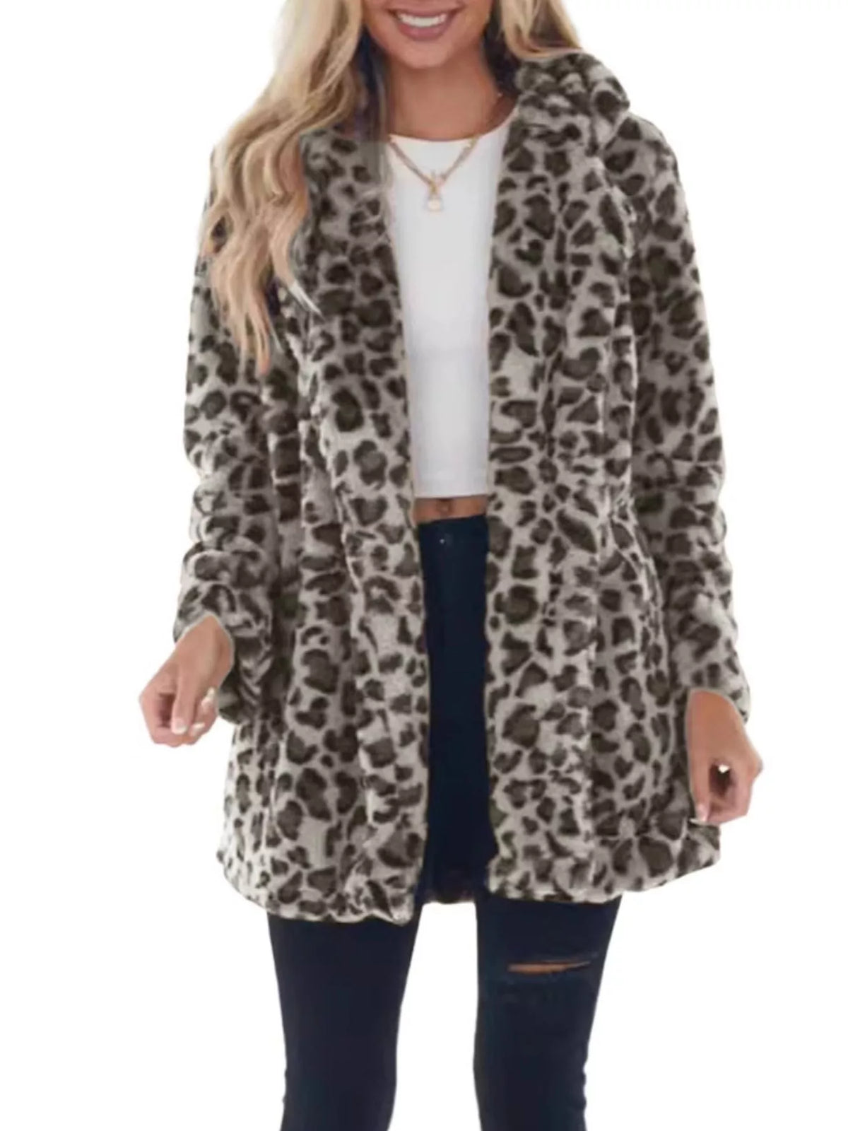 Full Size Leopard Faux Fur Open Front Outerwear Plus Size in Beige