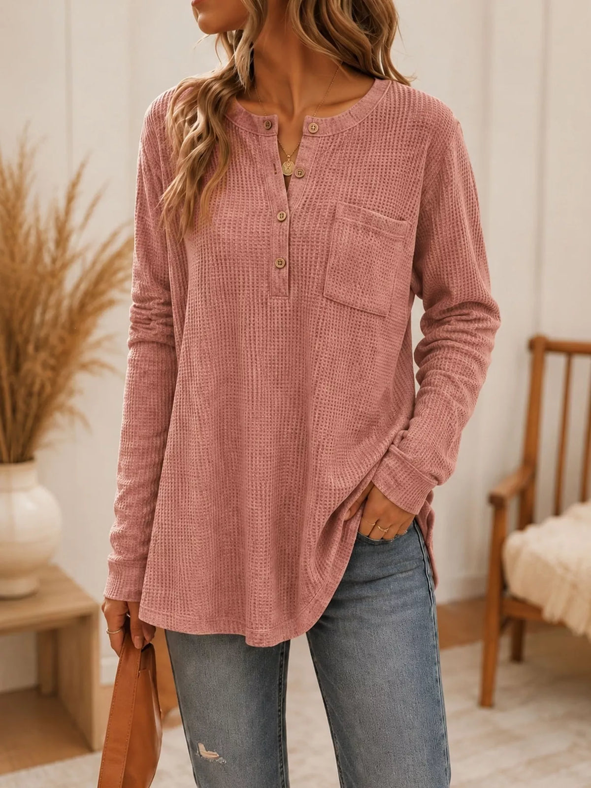 Waffle Knit Button Detail Top - Lilixa.store