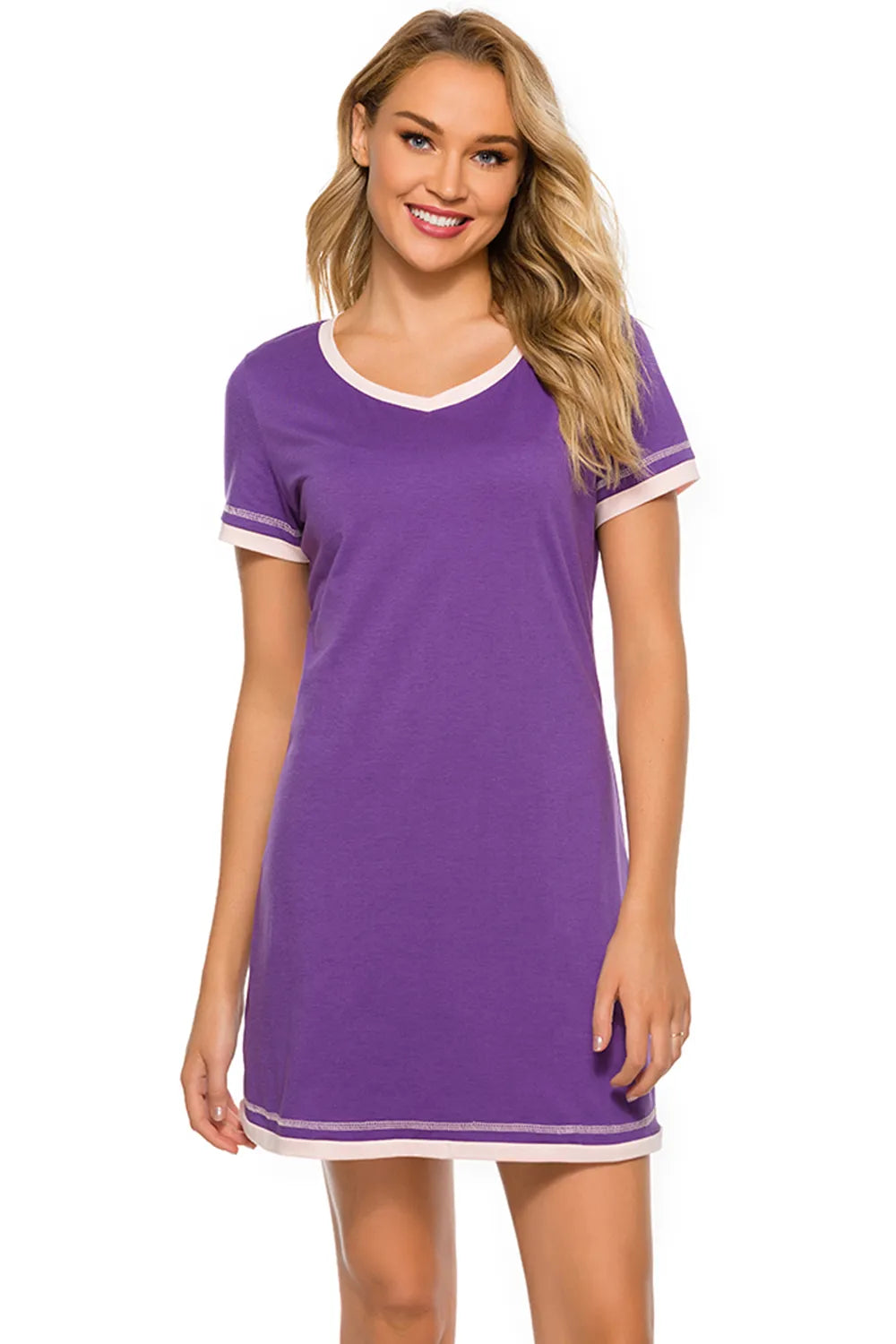 Contrast Trim Short Sleeve Lounge Dress - Lilixa.store