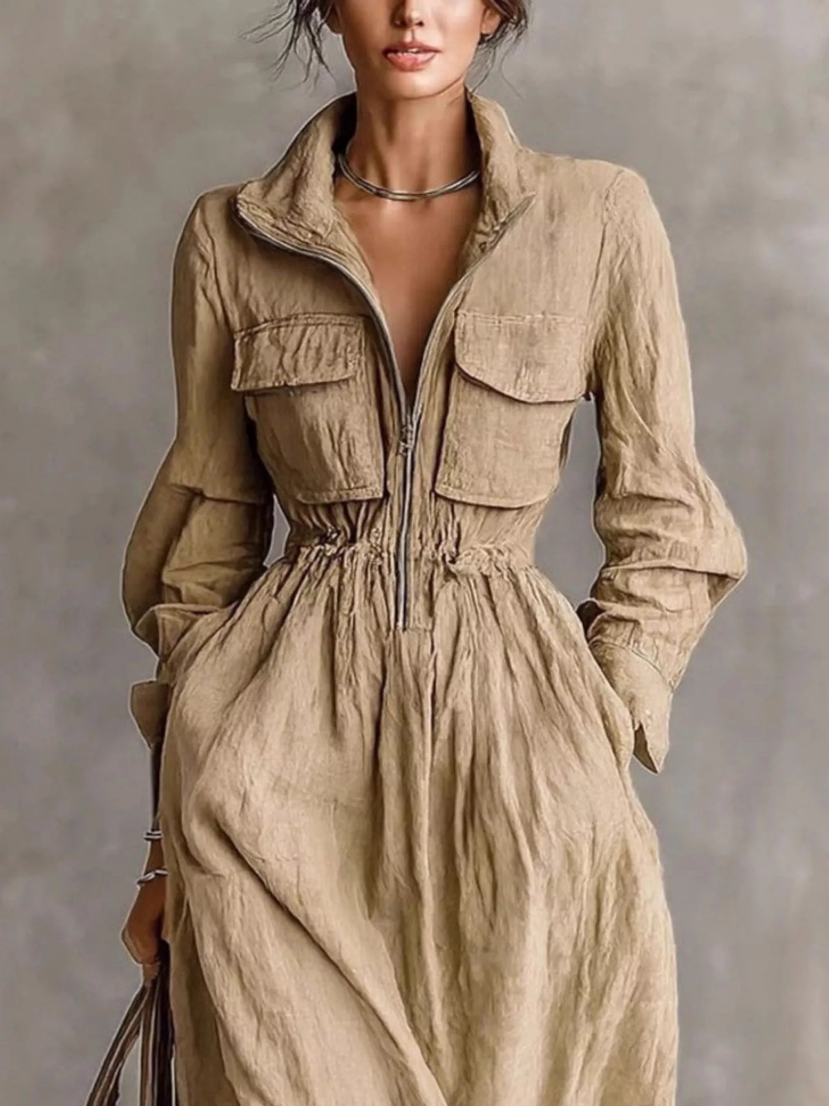 Zip-Front Long Sleeve Maxi Shirt Dress, view 2