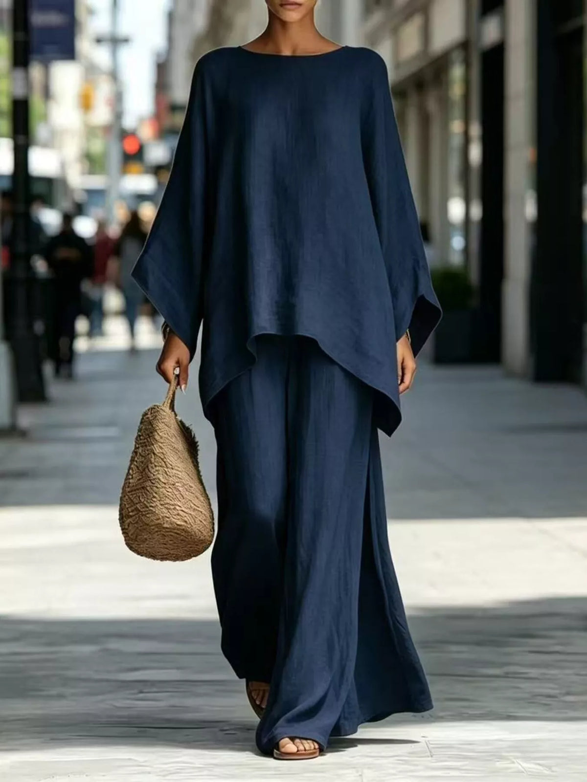 Full Size Batwing Sleeve Top and Wide-Leg Pants Set Plus Size in Navy Blue