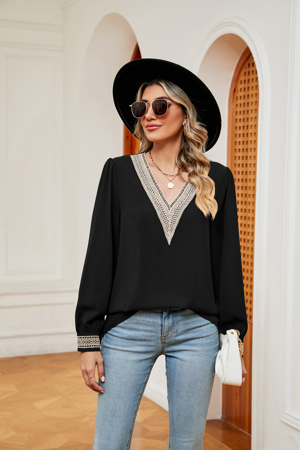 Contrast Puff Sleeve Blouse, view 7