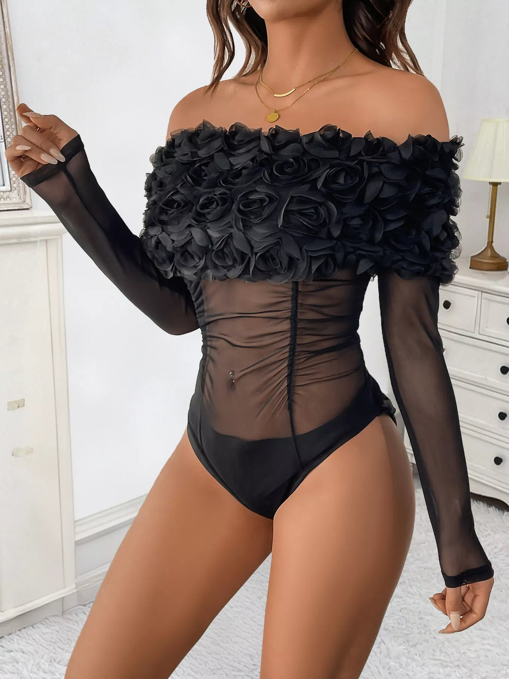 Flower Off-Shoulder Mesh Bodysuit - Lilixa.store