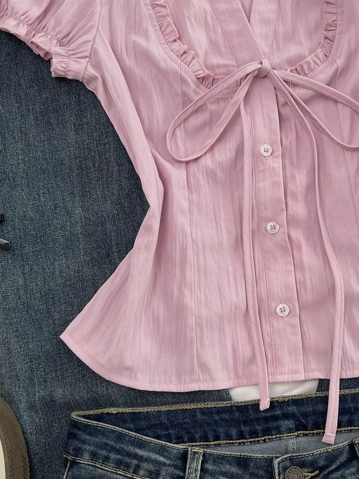 Frill Button Up Short Sleeve Shirt in Pink, view 5