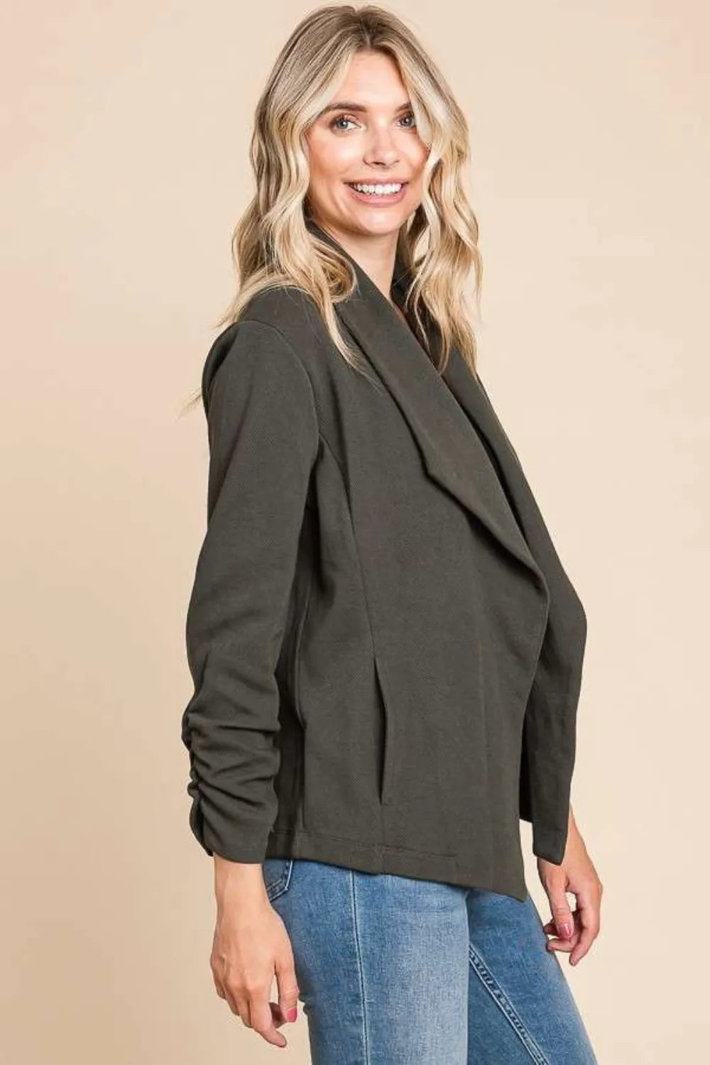 Culture Code Full Size Ruched Open Front Long Sleeve Jacket, view 3