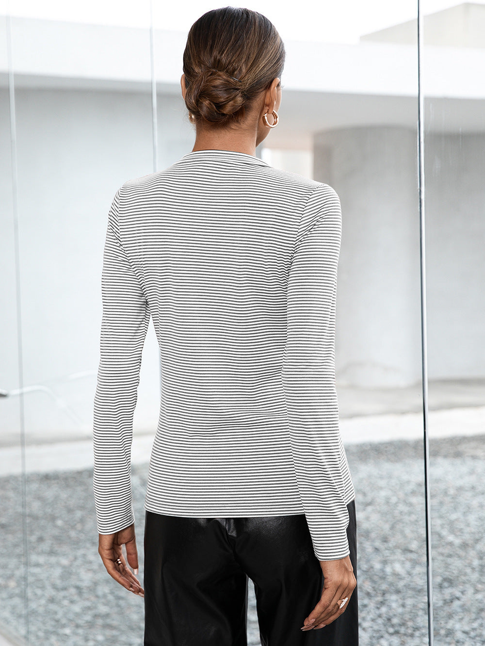 Ivy Lane Striped Buttoned V-Neck Long Sleeve Top, view 4