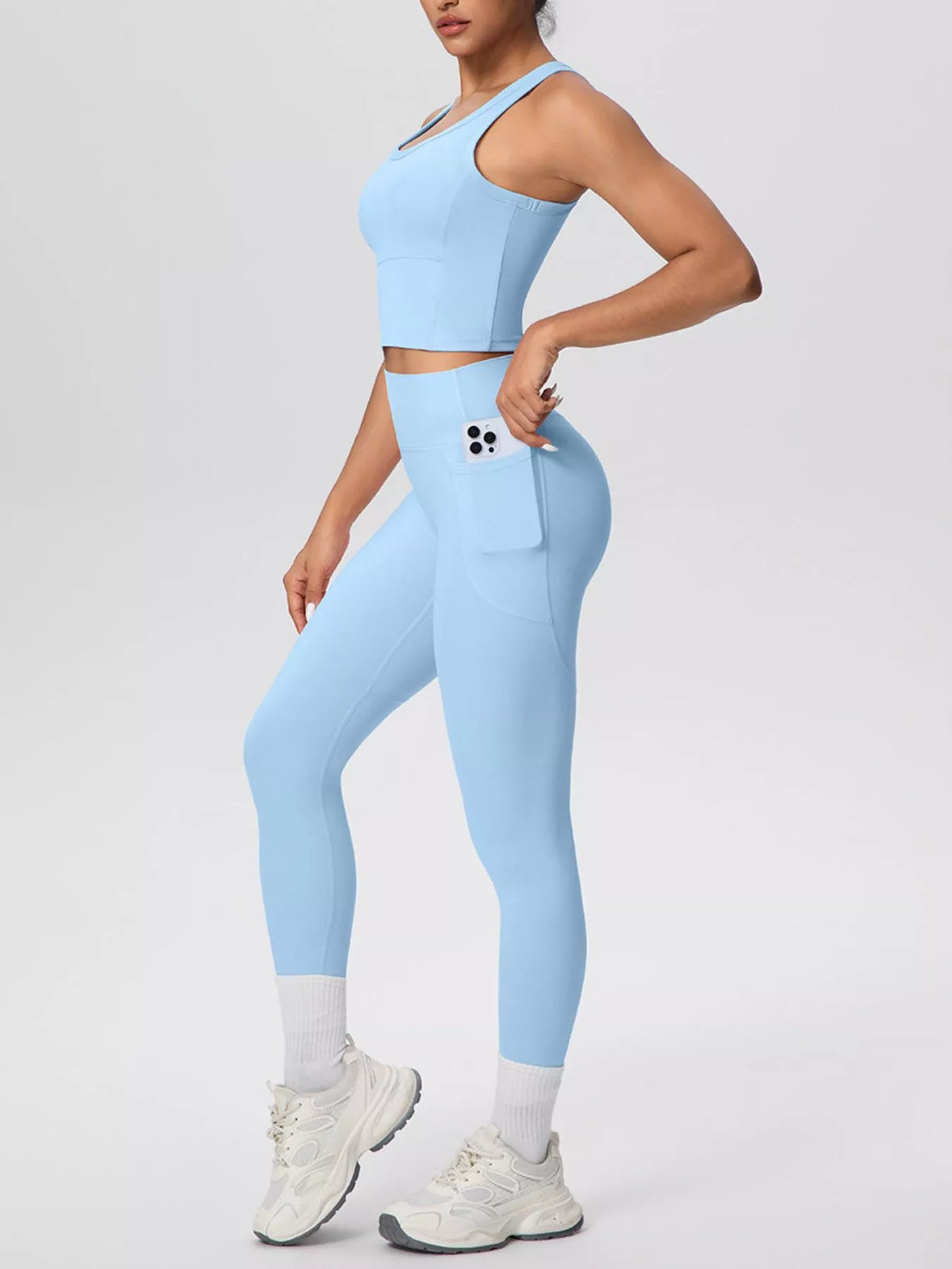 Scoop Neck Tank and High-Waisted Leggings Active Set in Light Blue