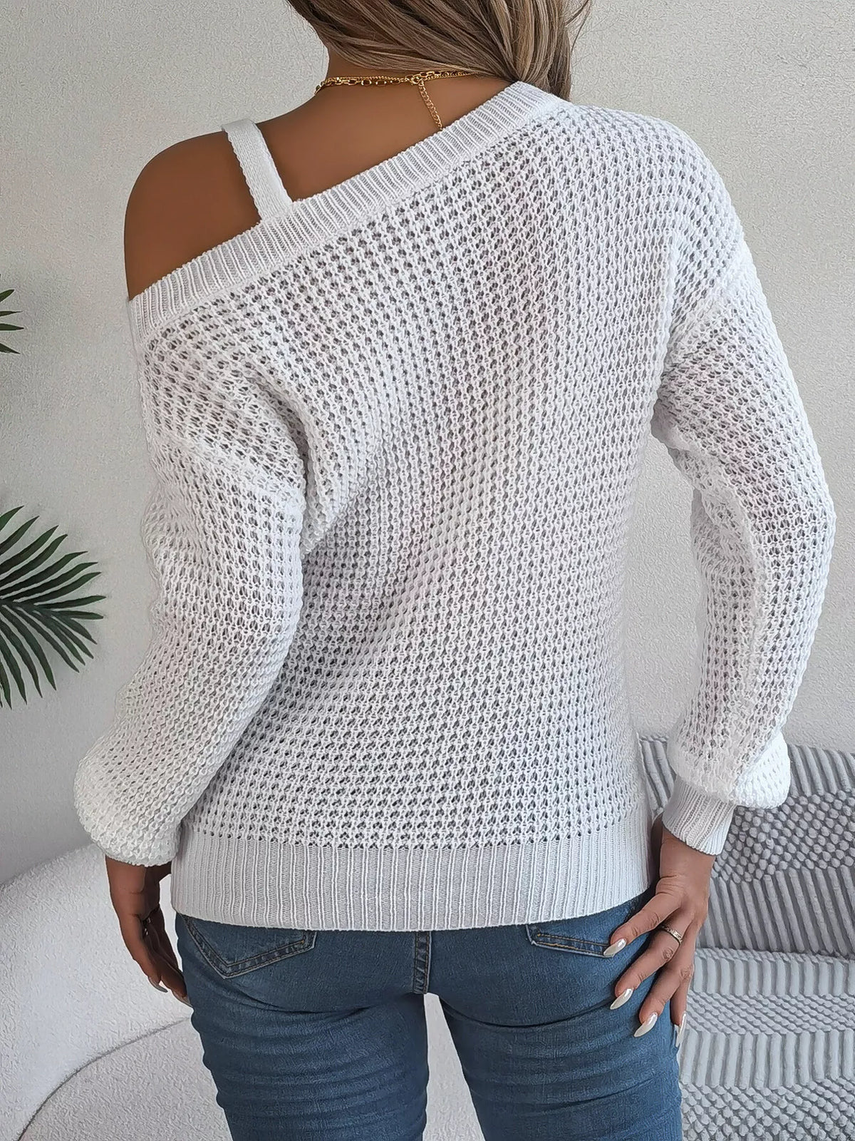 Asymmetrical Neck Long Sleeve Sweater - Lilixa.store