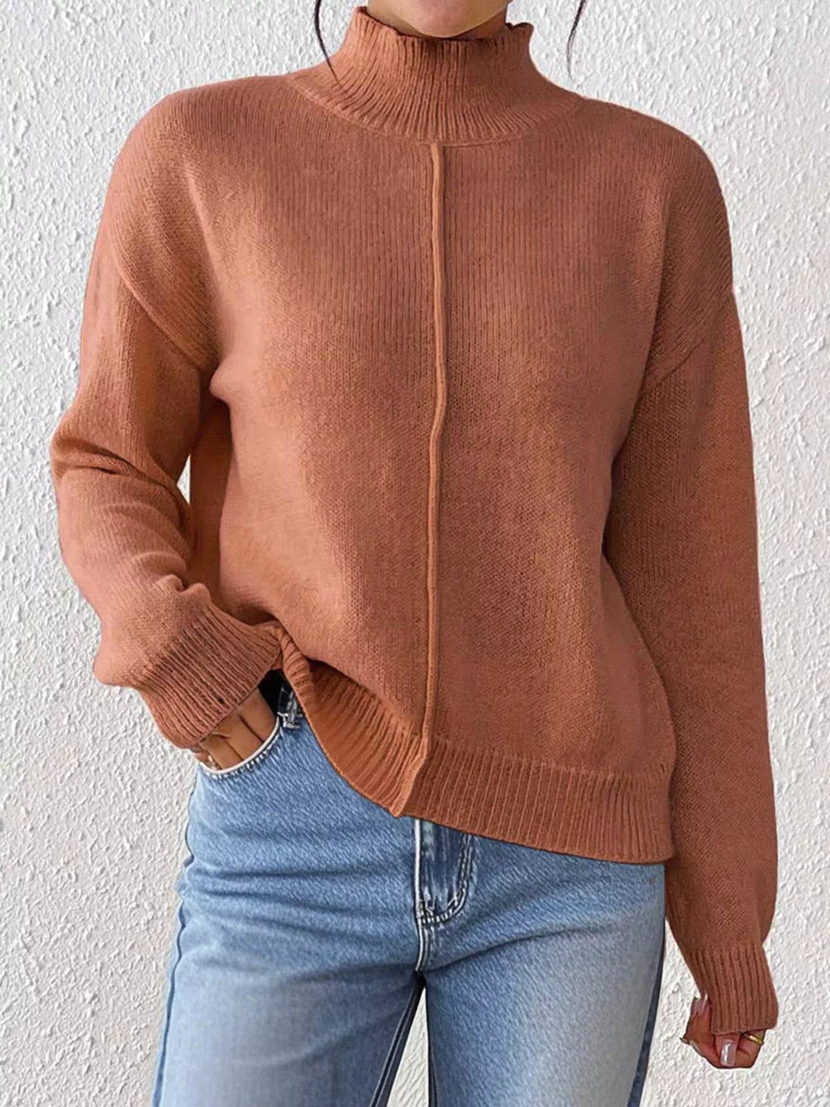 Center Seam Detail Turtleneck Sweater - Lilixa.store