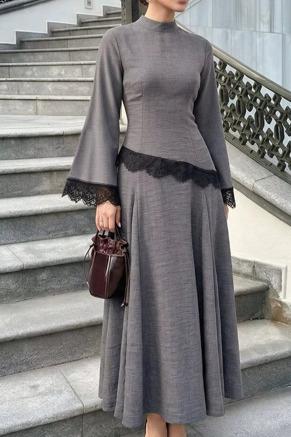 Lace Detail Mock Neck Top and Skirt Set - Lilixa.store