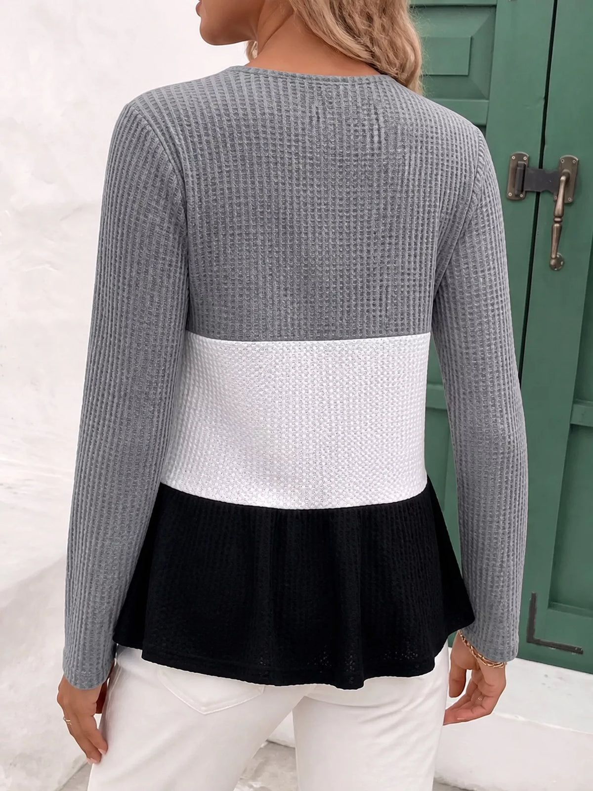 Color Block Waffle Knit Button-Down Cardigan - Lilixa.store