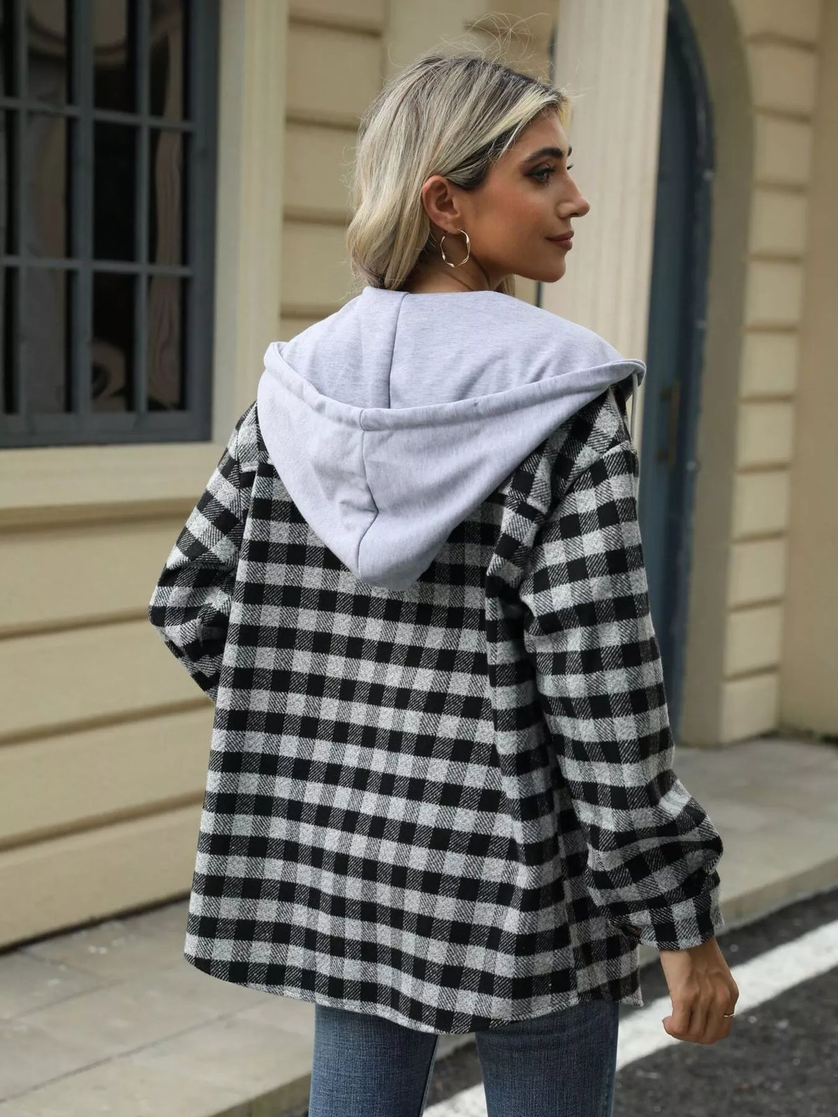Plaid Button Up Long Sleeve Drawstring Hooded Jacket, view 7