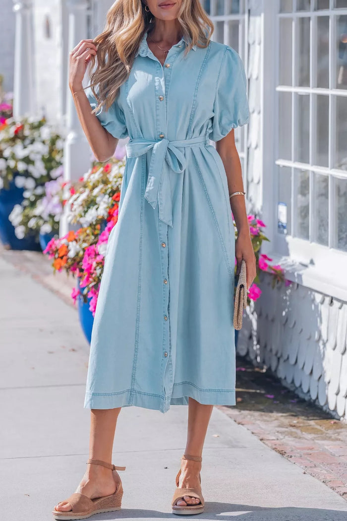 Full Buttons Collared Short Bubble Sleeve Long Denim Dress - Lilixa.store