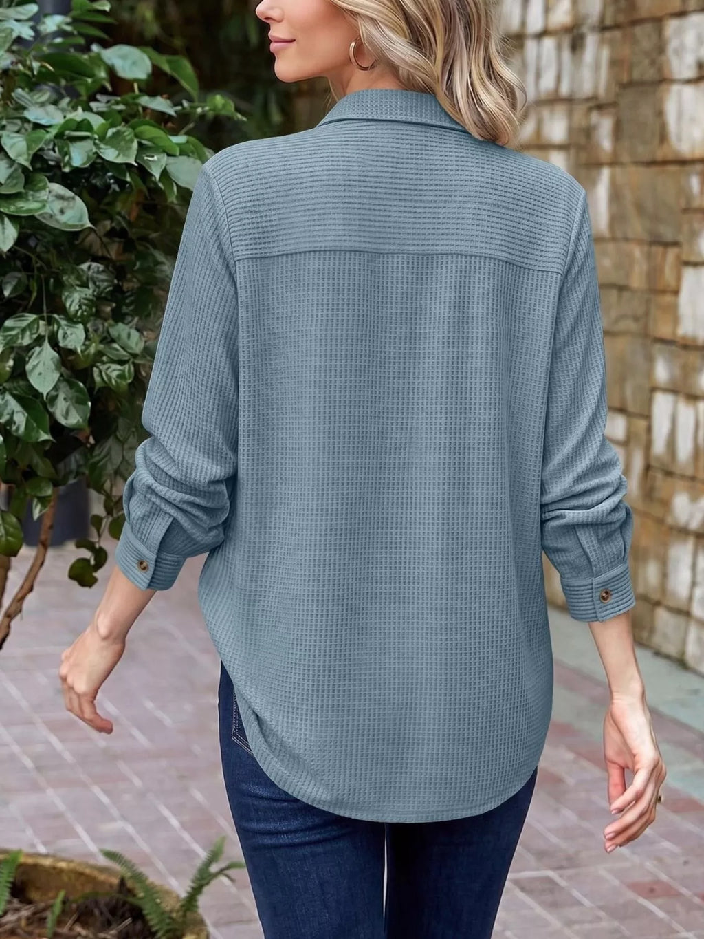 Waffle Knit Button-Down Long Sleeve Shirt - Lilixa.store