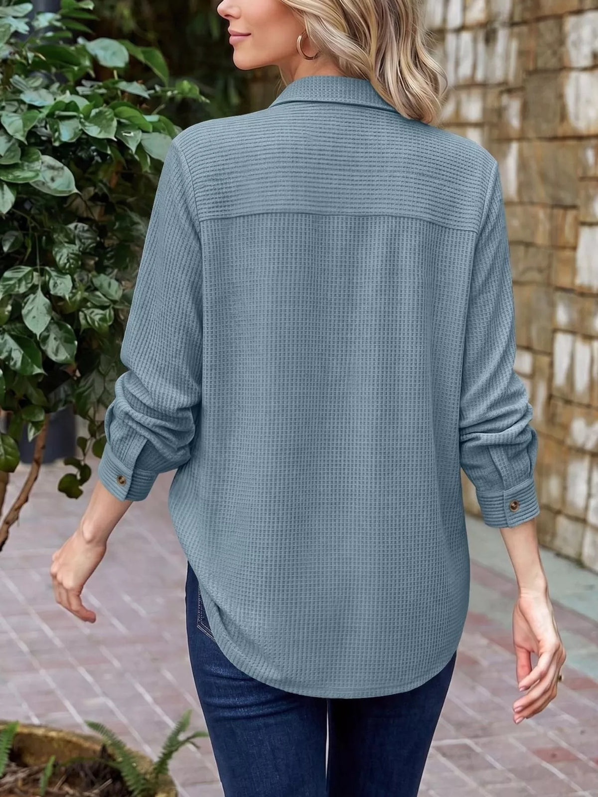 Waffle Knit Button-Down Long Sleeve Shirt - Lilixa.store
