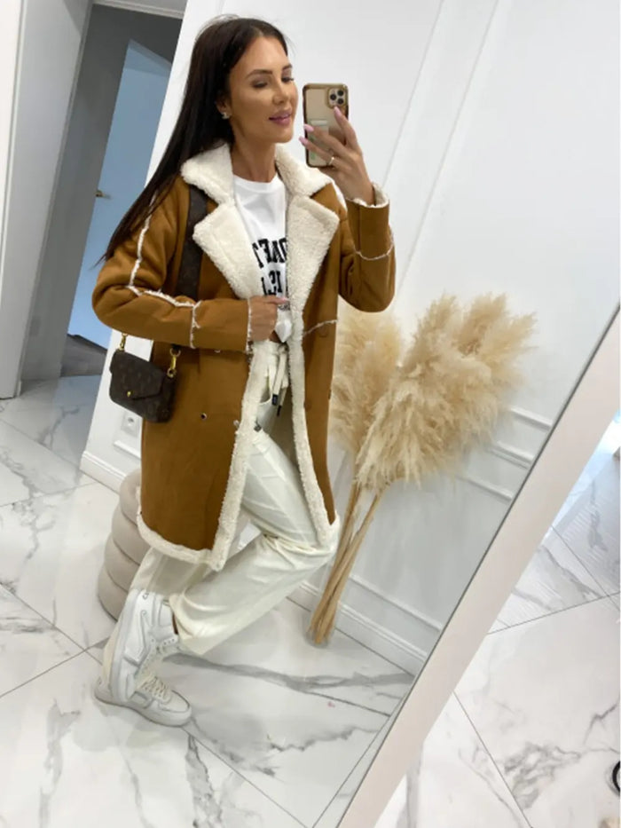 Lapel Collar Exposed Seam Buttoned Coat - Lilixa.store