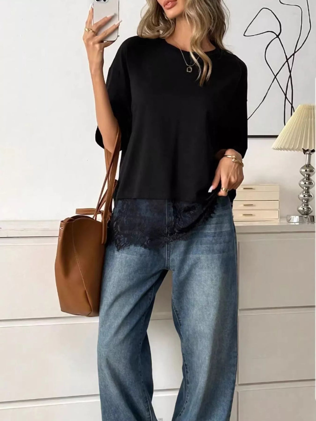 Lace Hem Round Neck T-Shirt, view 4