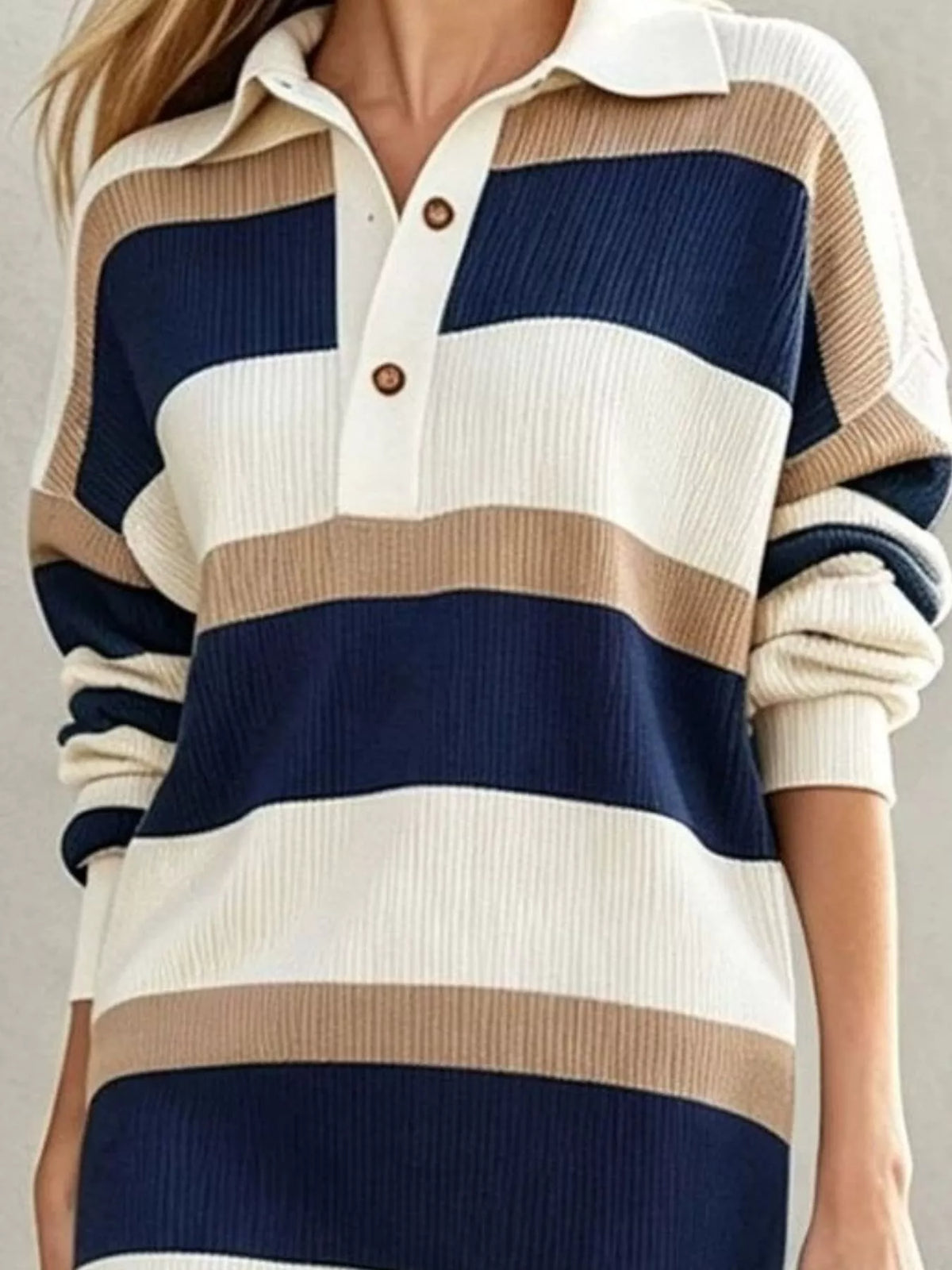 Striped Polo Collar Long Sleeve Sweater Dress - Lilixa.store