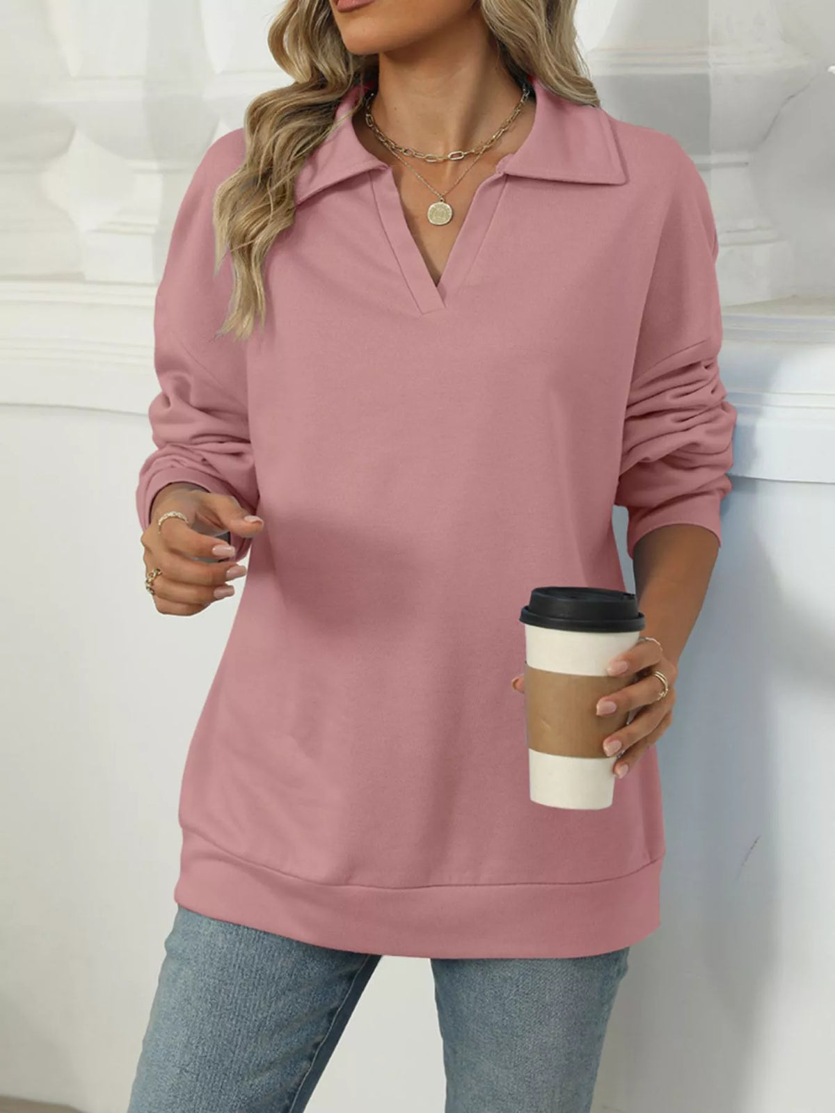 Johnny Collar Drop Shoulder Long Sleeve Sweatshirt - Lilixa.store