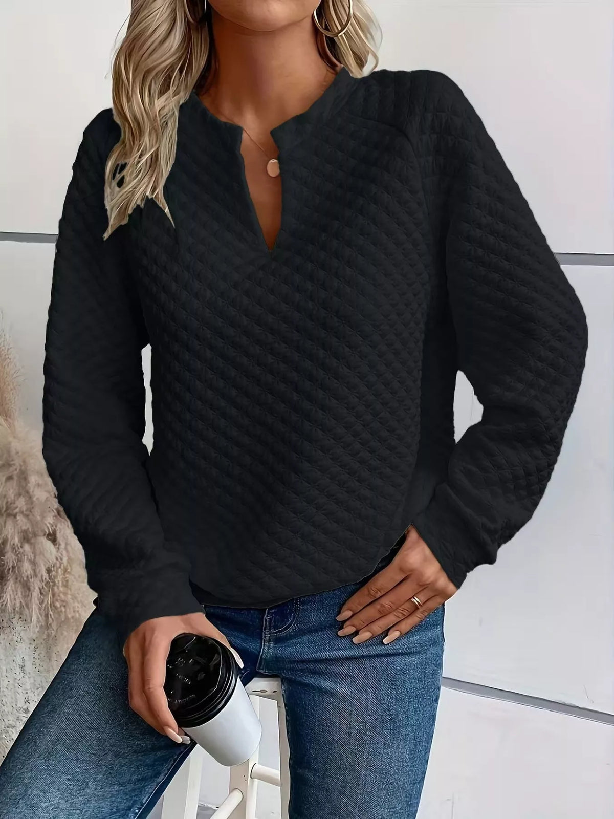 Quilted Texture Long Sleeve Sweatshirt with Notched Neck - Lilixa.store