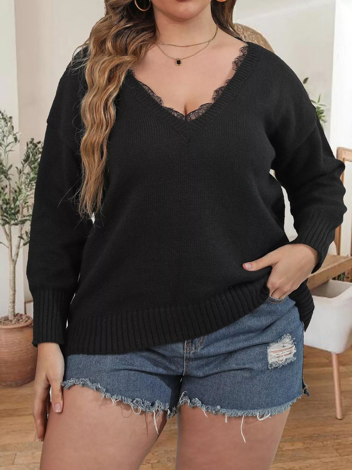 Plus Size Lace Trim V-Neck Sweater - Lilixa.store