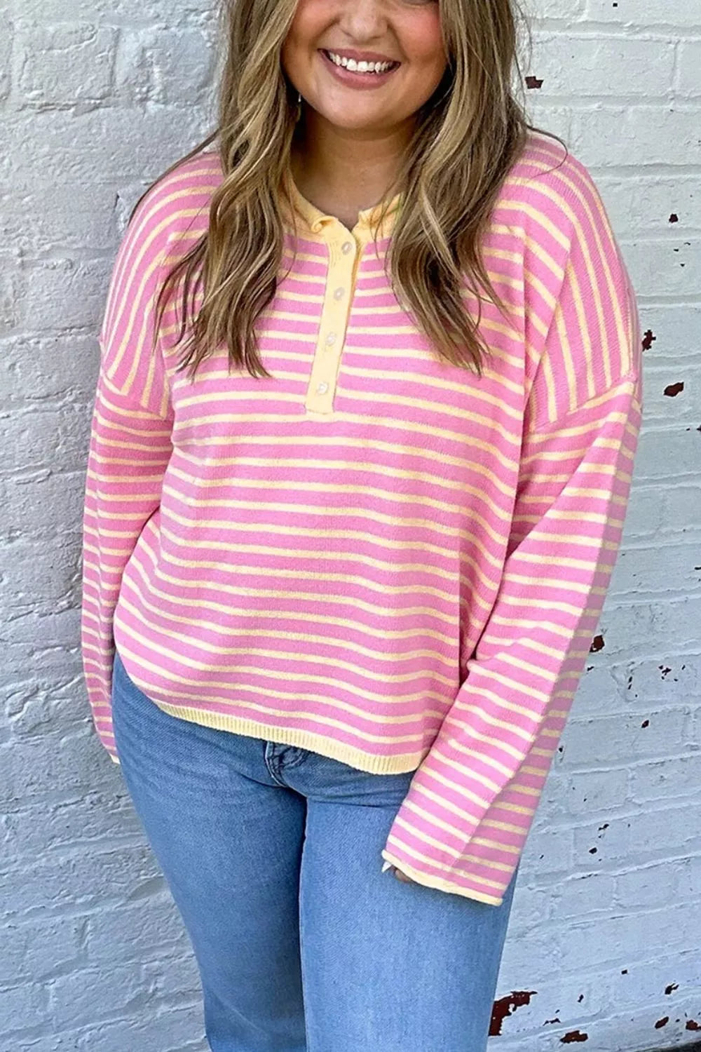 Plus Size Striped Long Sleeve Button Detail Sweater in Dusty Pink