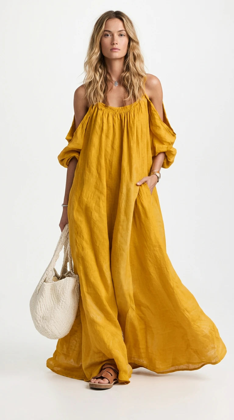 Full Size Cold-Shoulder Linen Maxi Dress Plus Size in Mustard