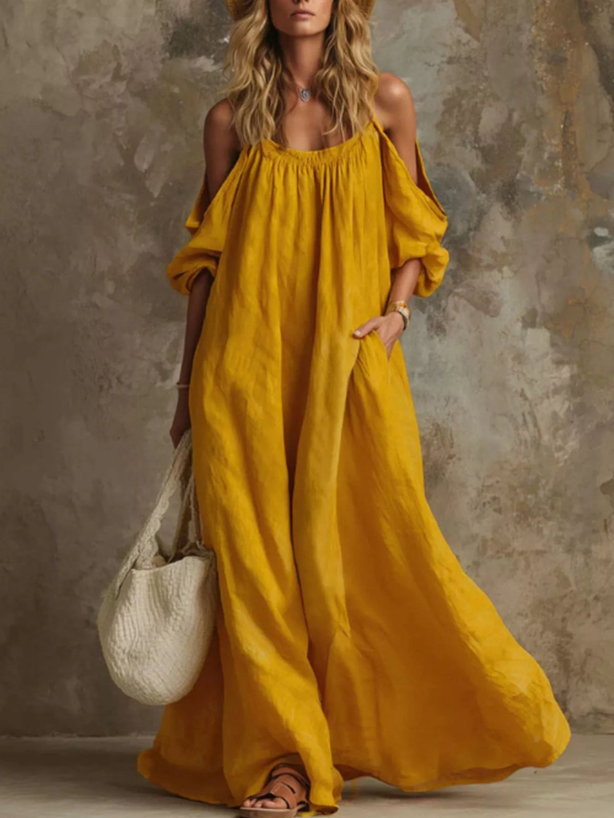 Full Size Cold-Shoulder Linen Maxi Dress Plus Size - Lilixa.store