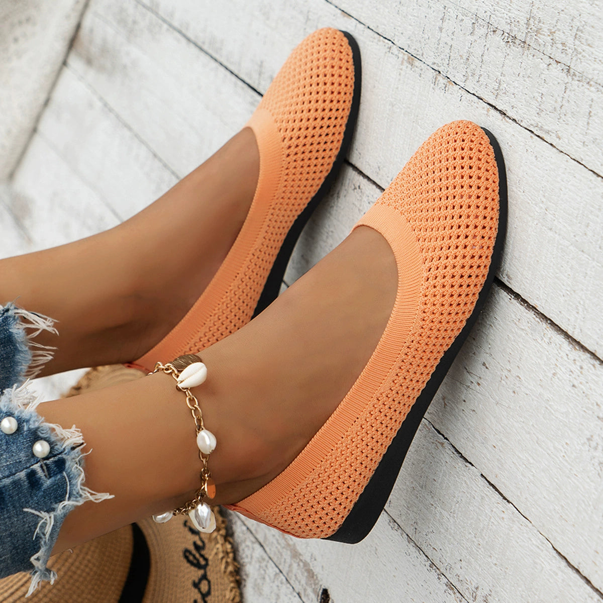 Solid Color Mesh Flat Slip-Ons in Tangerine