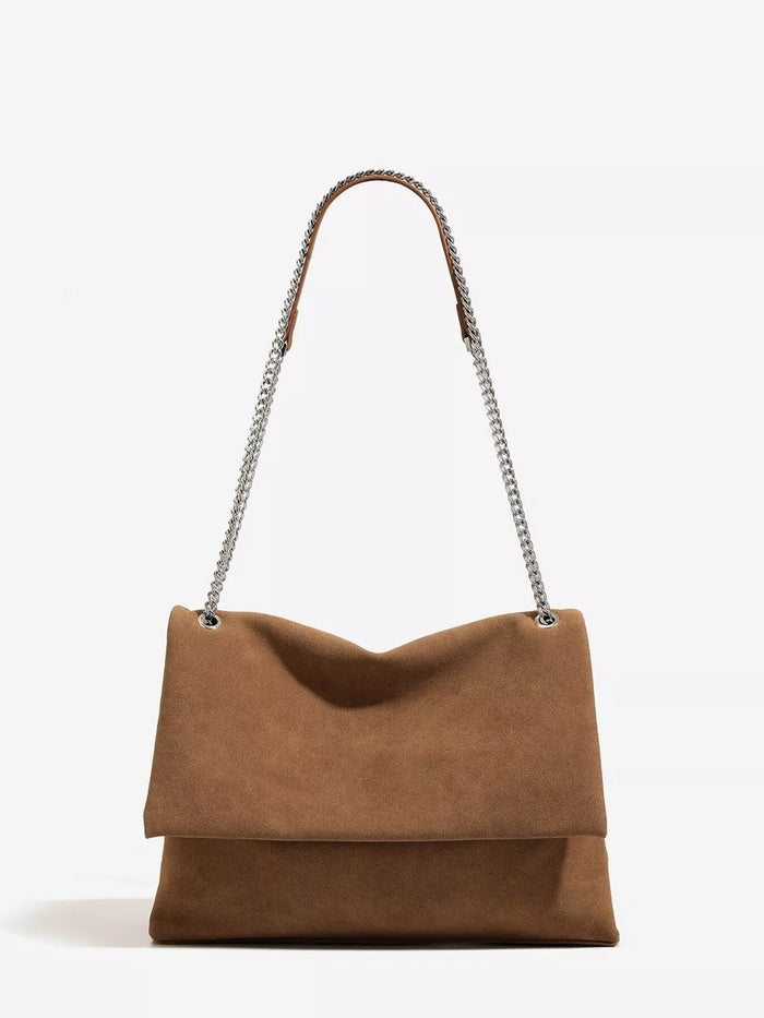 Suede Shoulder Bag with Metallic Chain Strap in Brown