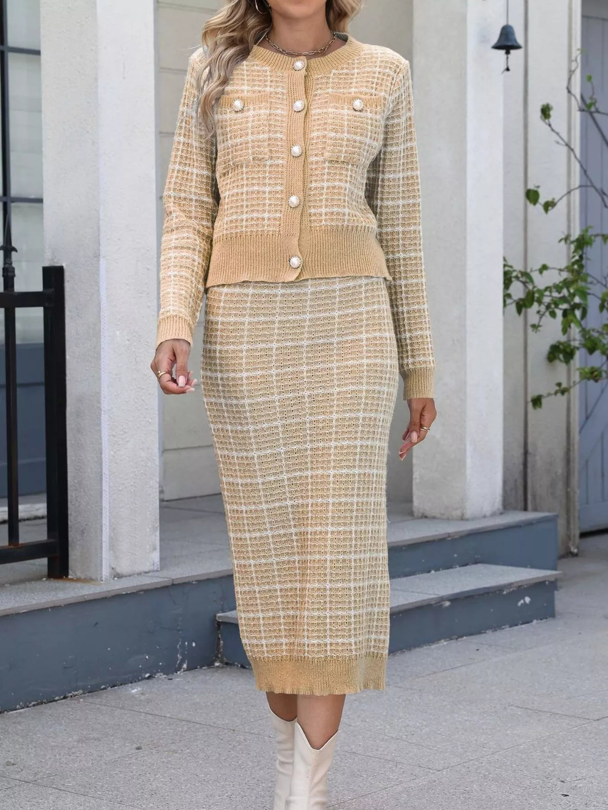 Plaid Knit Cardigan and Midi Skirt Sweater Set