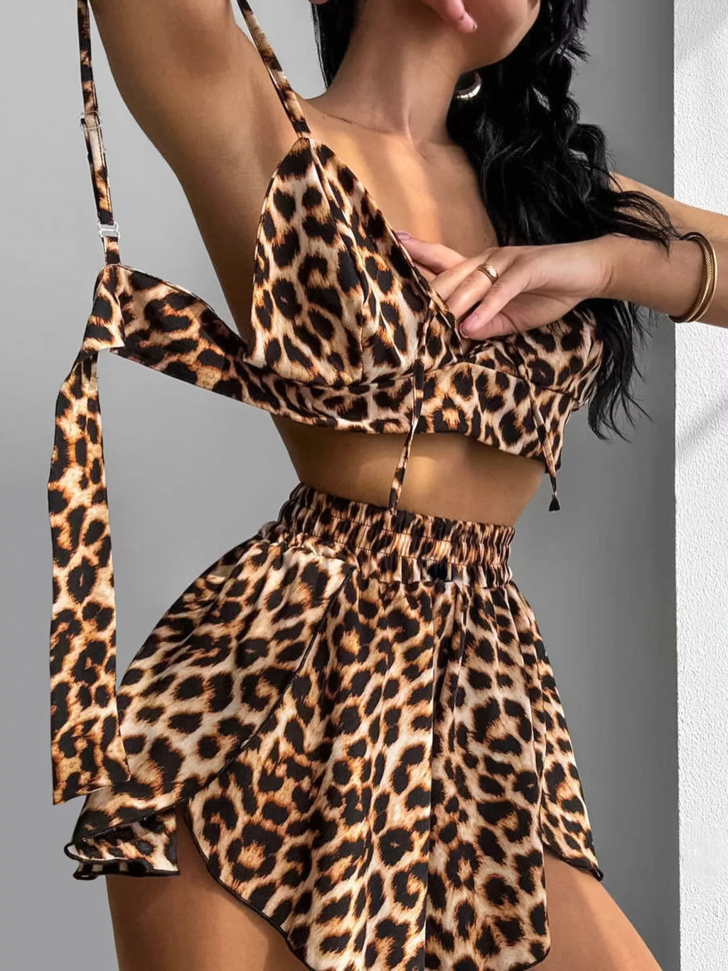 Leopard Cami & Cardigan and Shorts Three-Piece Lounge Set - Lilixa.store