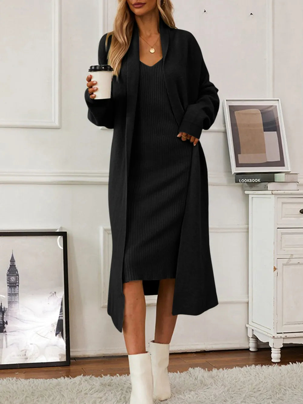V-Neck Cami Dress and Open Front Cardigan Sweater Set in Black