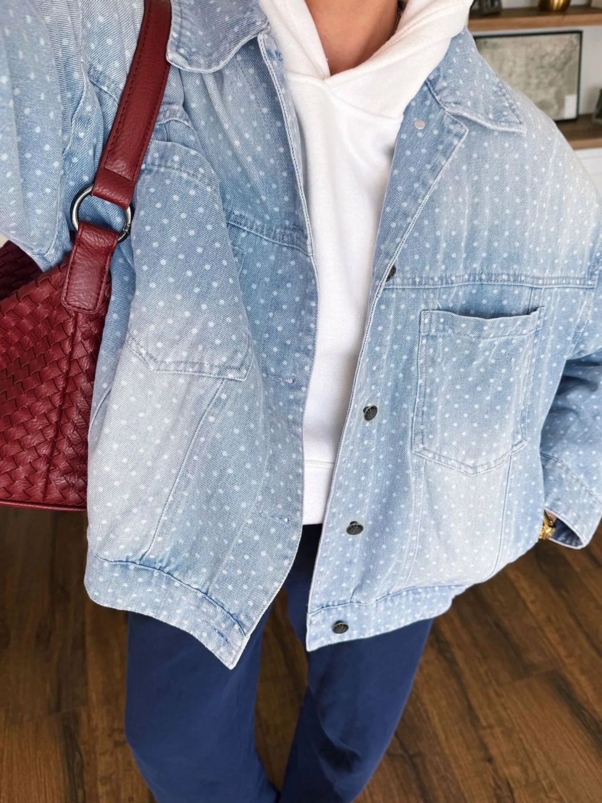 Polka Dot Long Sleeve Collar Pocket Casual Shift Silhouette Denim Jacket in Light Blue, view 6