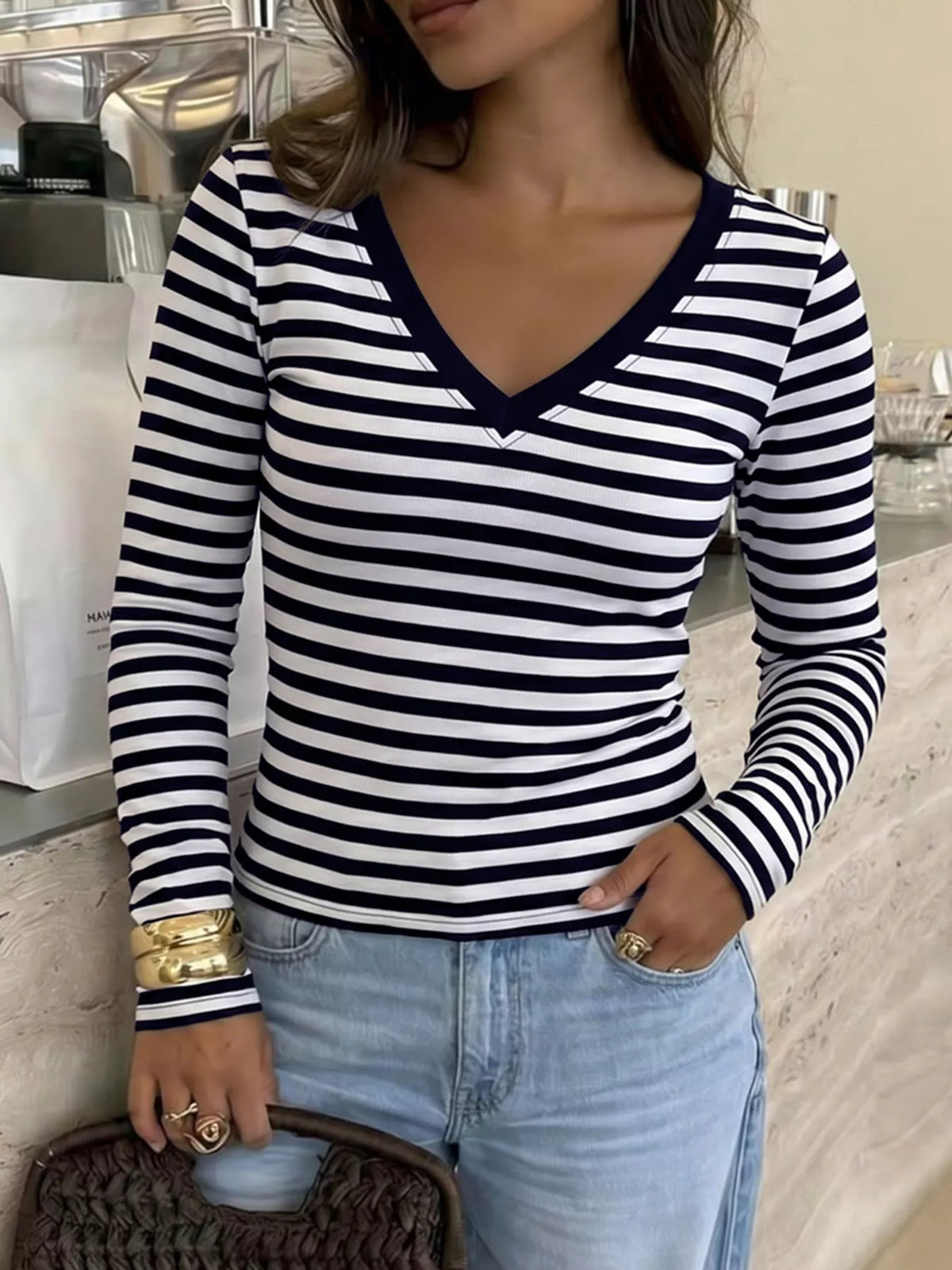 Striped V-Neck Long Sleeve T-Shirt