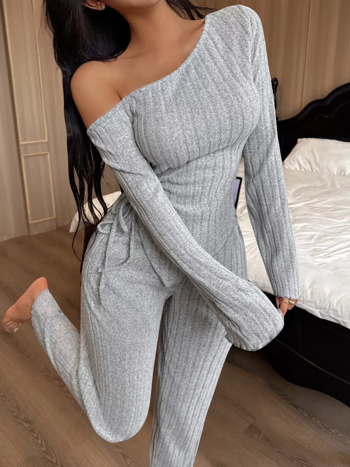One-Shoulder Ribbed Knit Top and Pants Set - Lilixa.store