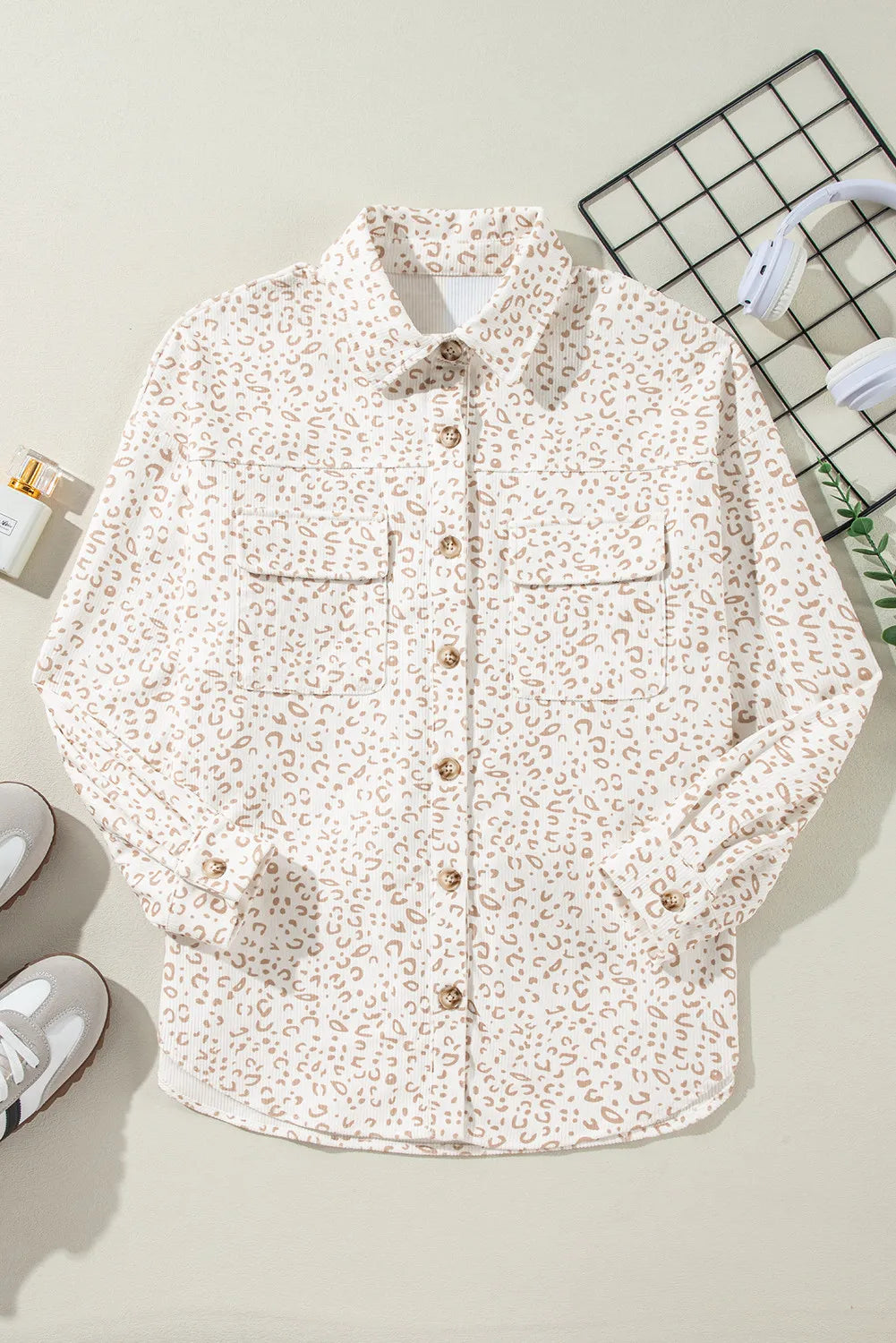Leopard Collared Neck Dropped Shoulder Jacket, view 6