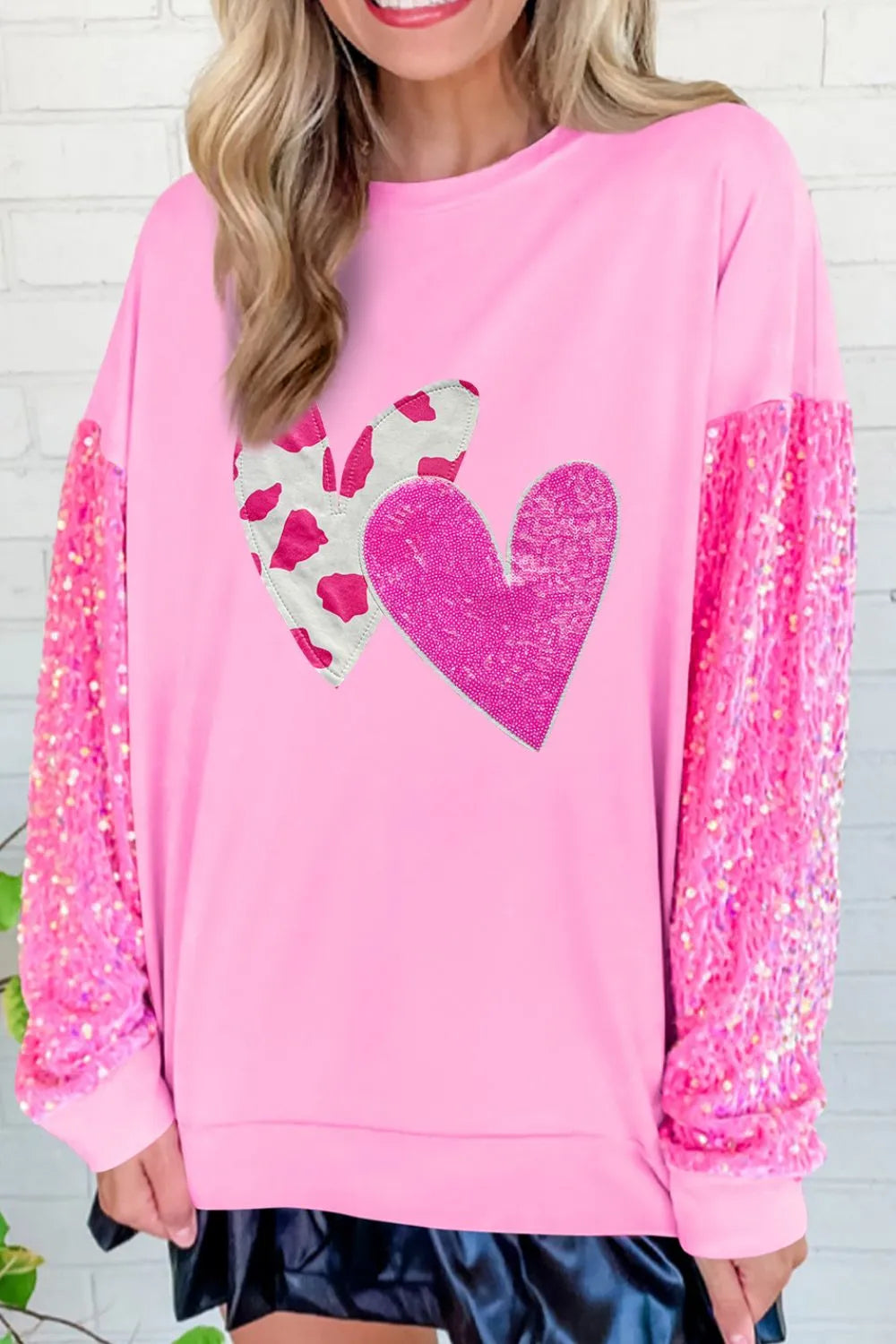 Valentine’s Day Sequin Heart Long Sleeve Sweatshirt - Lilixa.store