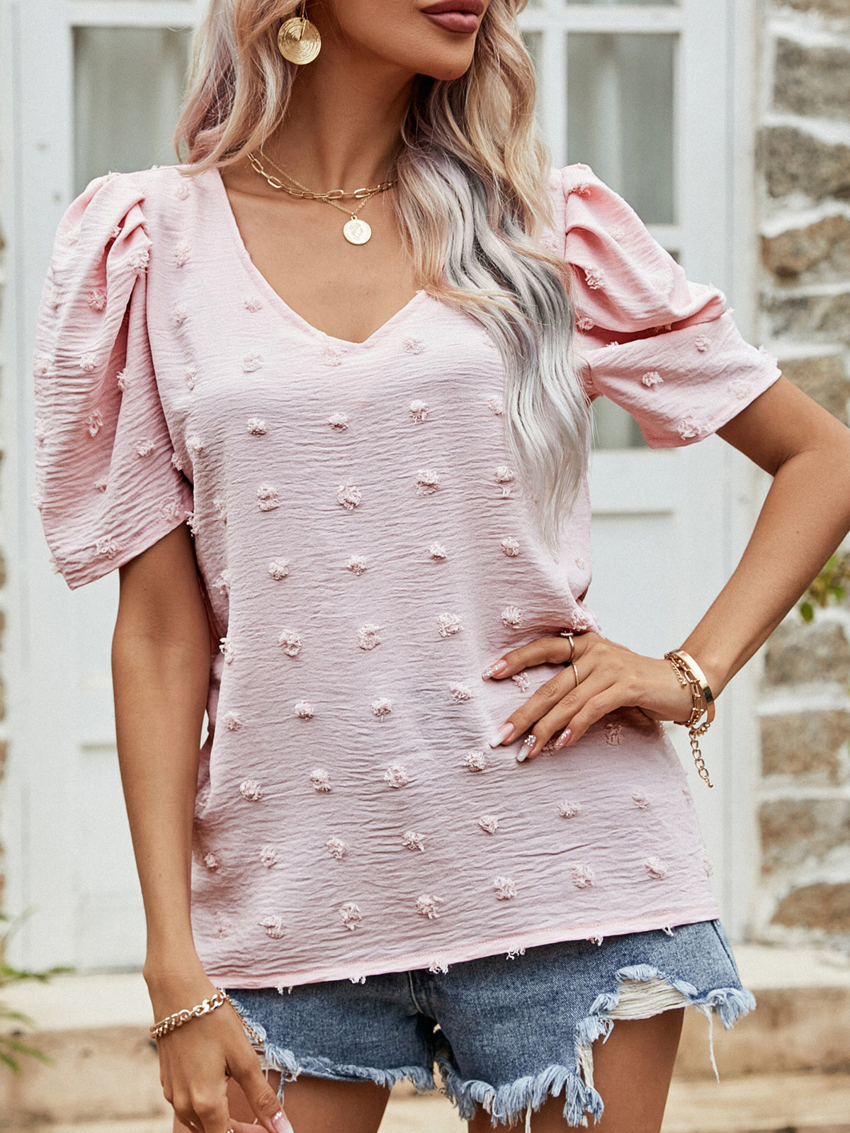 Swiss Dot Short Puff Sleeve Top, view 2