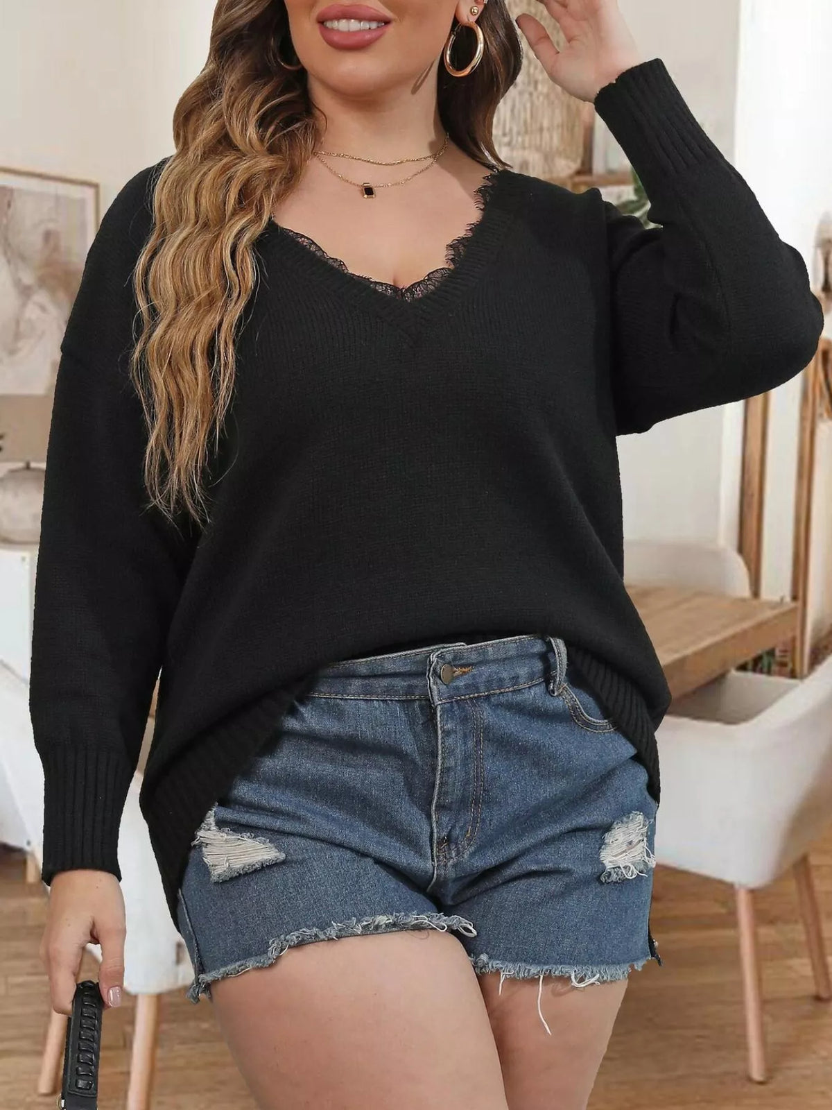 Plus Size Lace Trim V-Neck Sweater - Lilixa.store