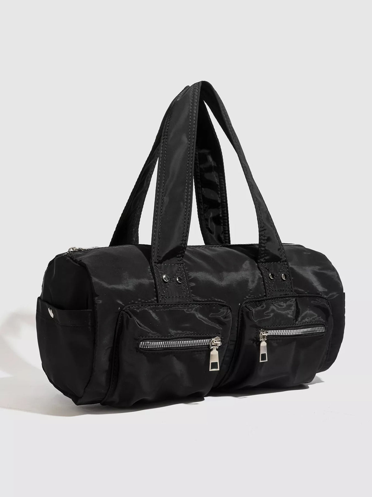 Minimalist Nylon Barrel Shoulder Bag with Multi-Pocket Utility in Black, view 5