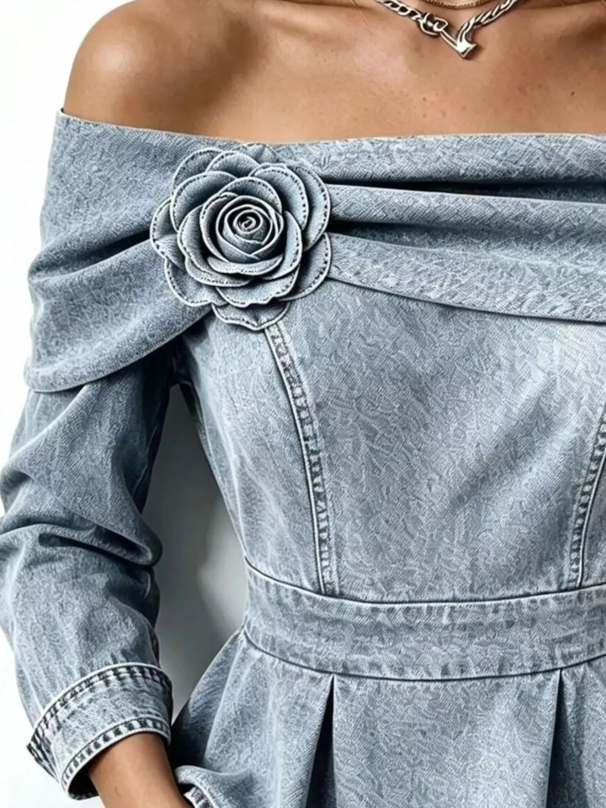 Full Size Off-Shoulder Floral Denim Look Top Plus Size