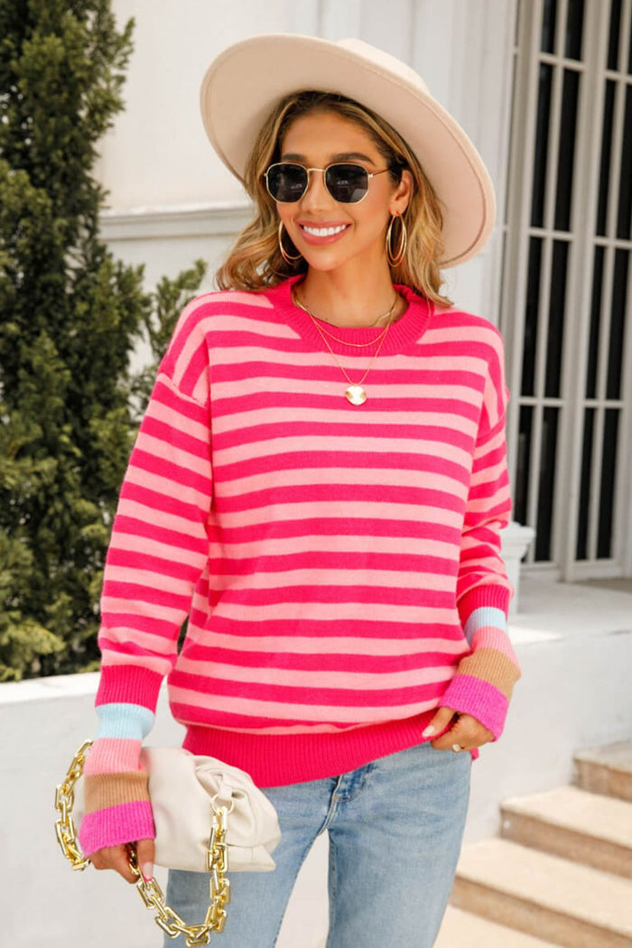 Angel Wings Warm Spice Striped Round Neck Sweater in Fuchsia