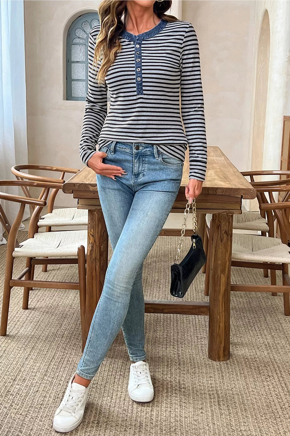 Stripe Denim Contrast Collar Half Button Long Sleeve Top - Lilixa.store