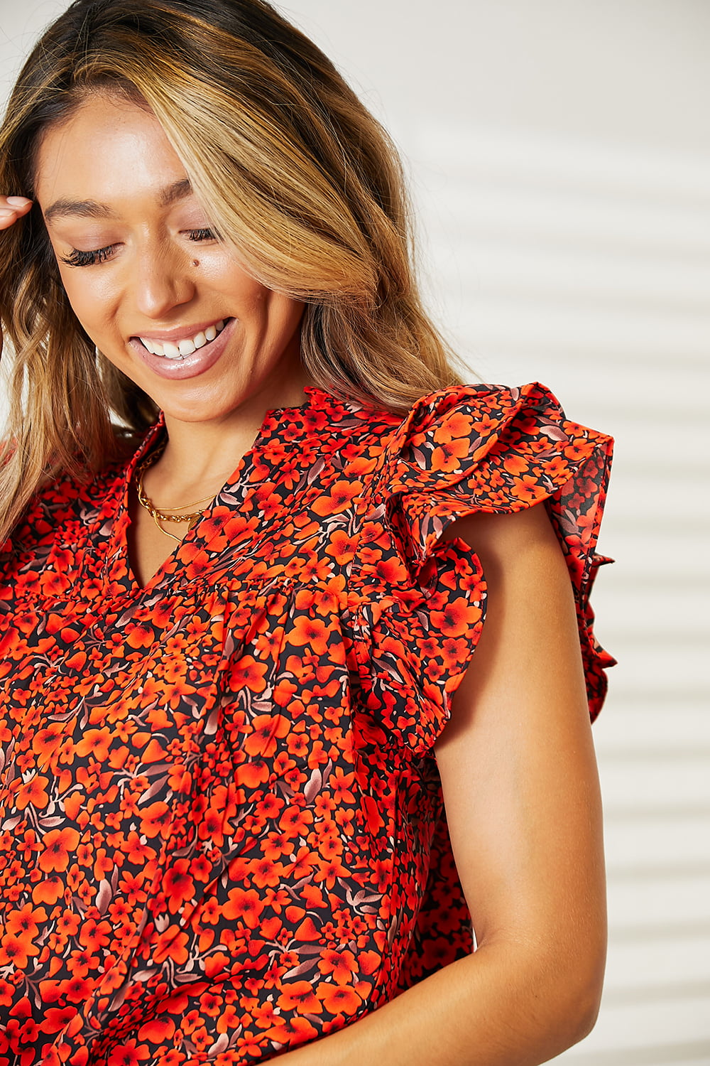 Double Take Floral Flutter Sleeve Notched Neck Blouse in Orange-Red, view 6