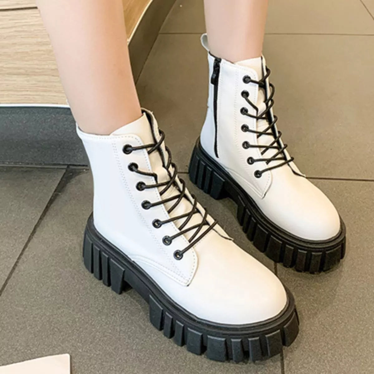 Round Toe Lace-Up Chunky Boots - Lilixa.store