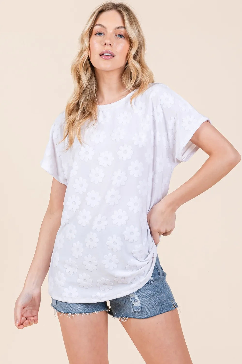 BOMBOM Floral Textured Short Sleeve T-Shirt - Lilixa.store