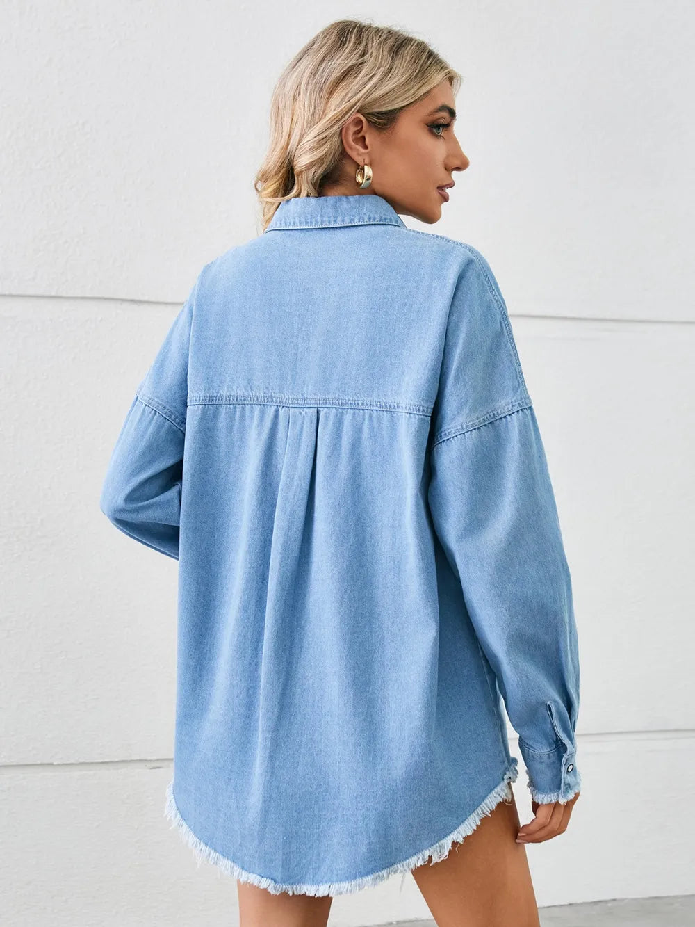Distressed Raw Hem Dropped Shoulder Denim Jacket in Light Blue, view 2